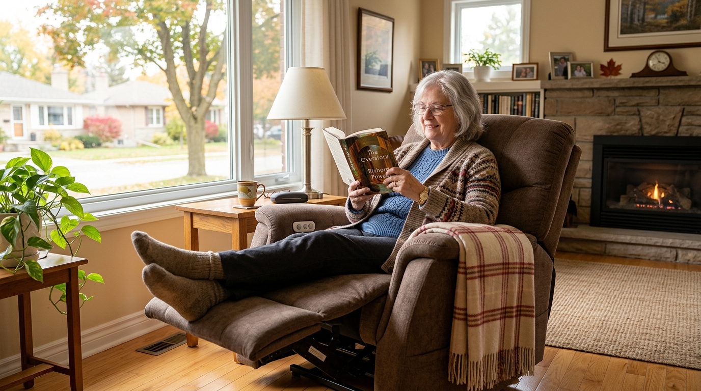 Senior woman relaxing independently in electric automatic recliner chair at home
