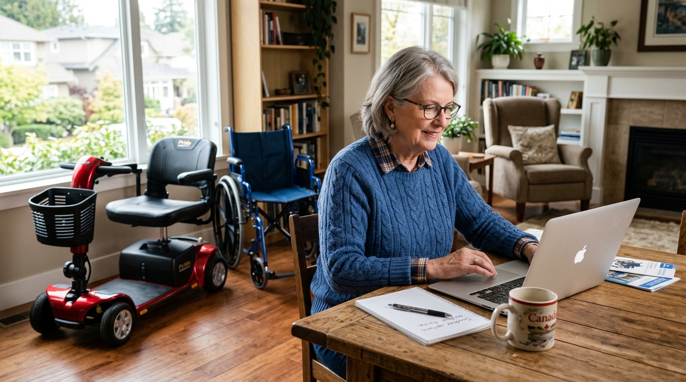Canadian senior browsing medical equipment online at home with mobility scooter and wheelchair nearby