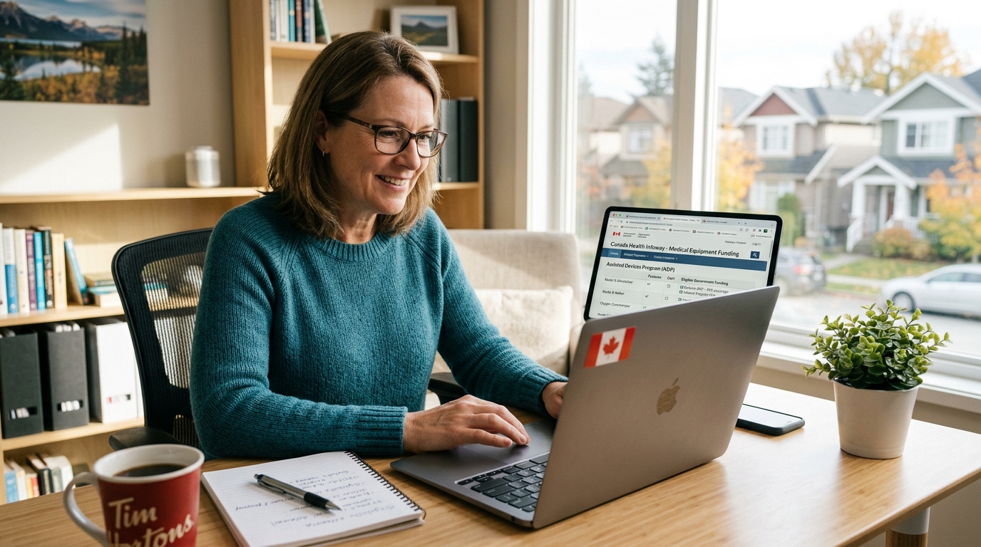 Canadian consumer researching medical equipment funding programs online in a bright home office setting