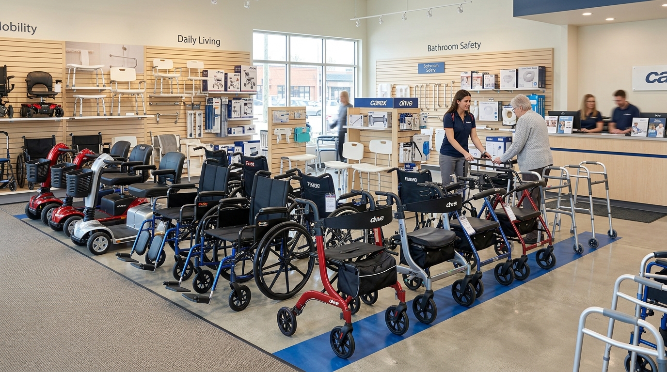 Display of Canadian home medical equipment including mobility scooters, wheelchairs, and rollators in a well-lit showroom
