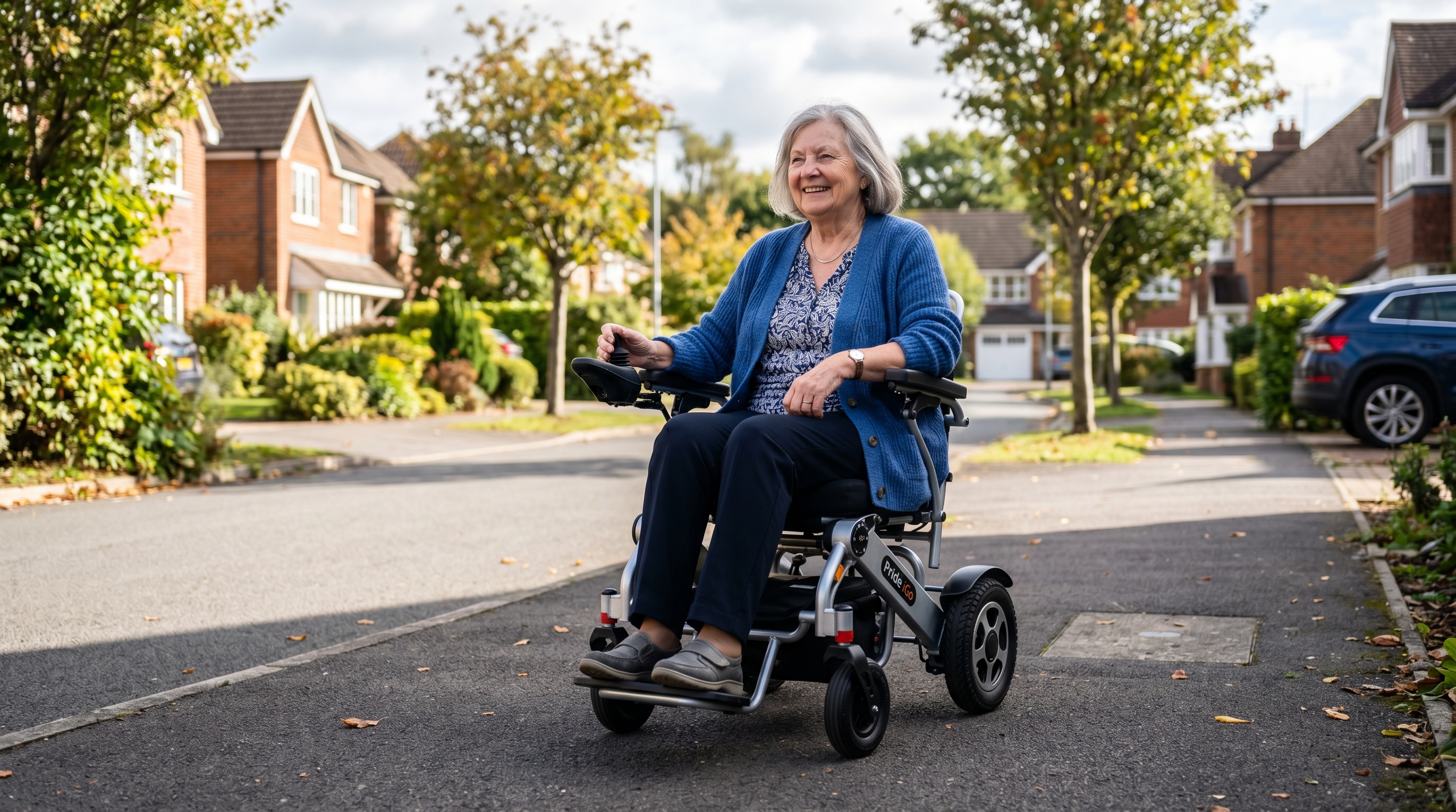 Senior woman using a modern folding electric wheelchair outdoors on a sunny Canadian suburban street
