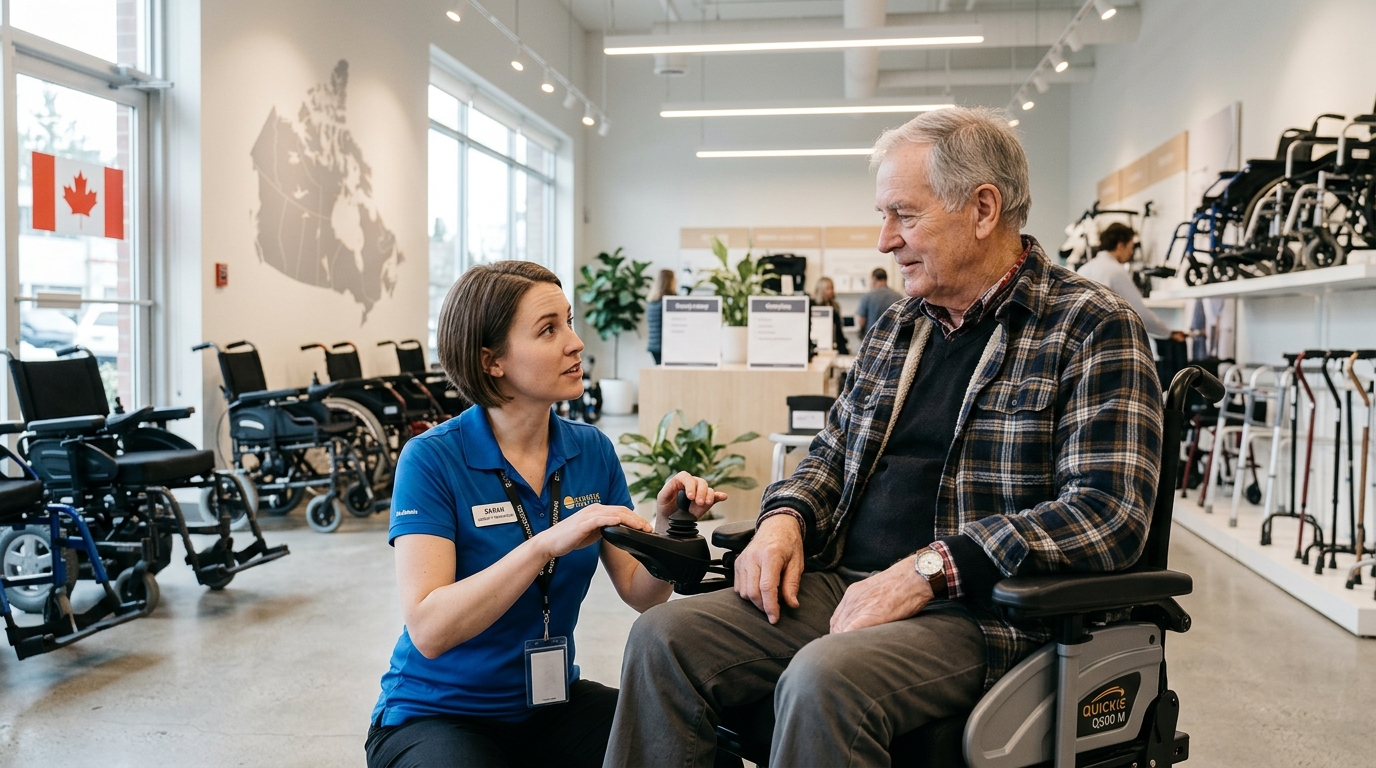 Mobility specialist consulting with an elderly man about electric wheelchair features in a modern medical supply store