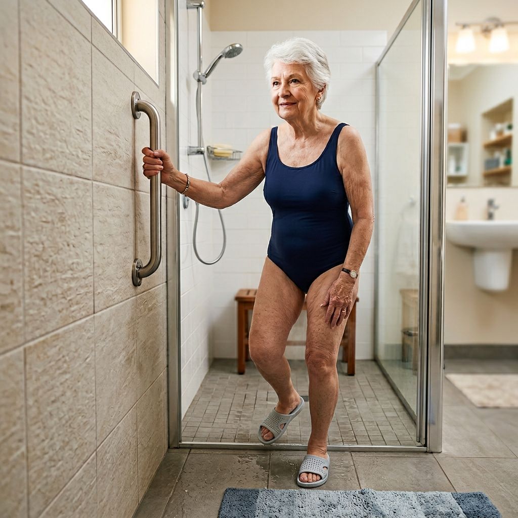 Senior woman gripping stainless steel grab bar mounted on tiled shower wall for fall prevention