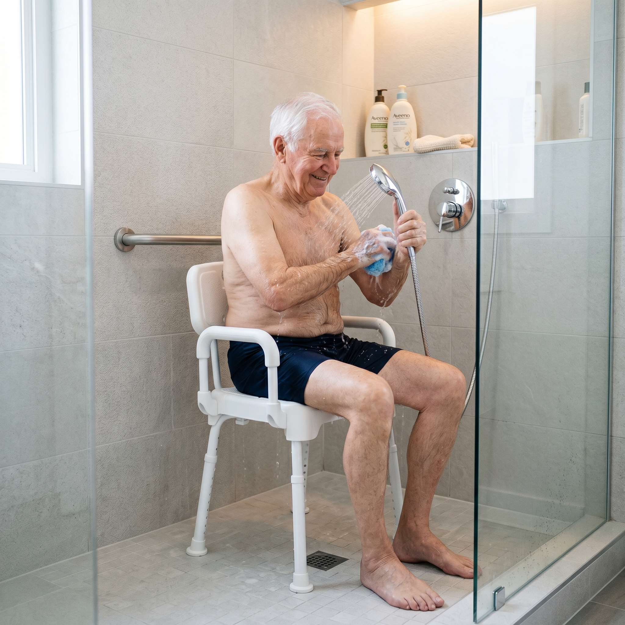 Elderly man seated safely on adjustable white shower chair inside clean modern shower