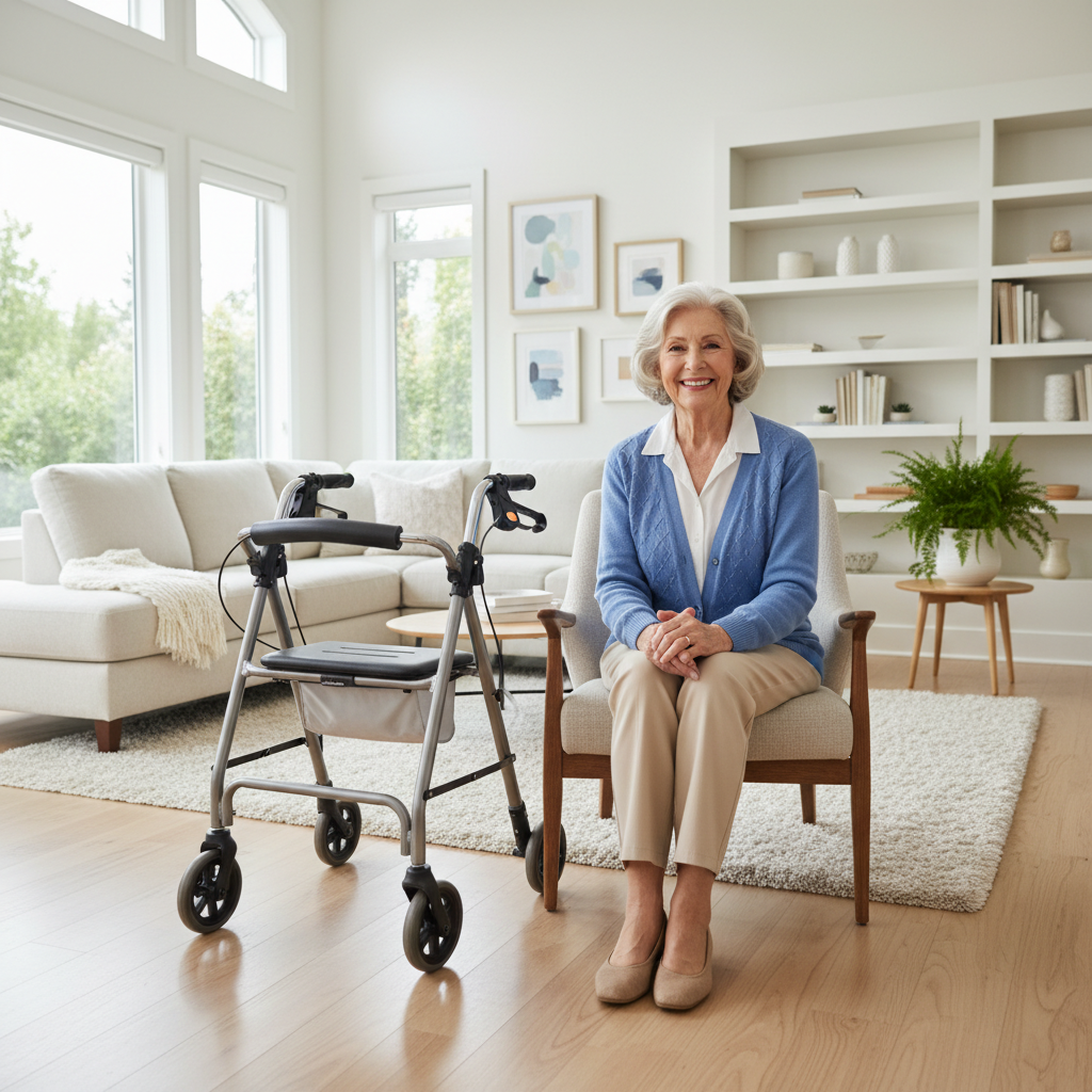 Senior Canadian woman with mobility walker in bright modern home — home healthcare solutions for aging in place