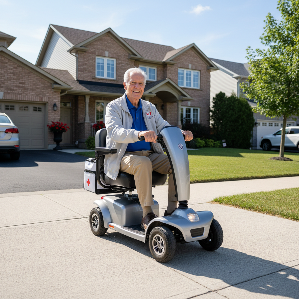 Elderly man using a power mobility scooter outdoors near a suburban Canadian home