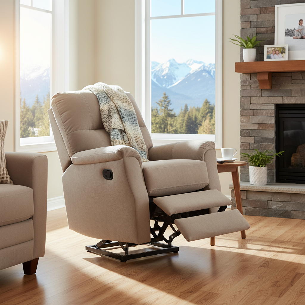 Comfortable motorized lift chair recliner in a bright Canadian living room for senior home healthcare