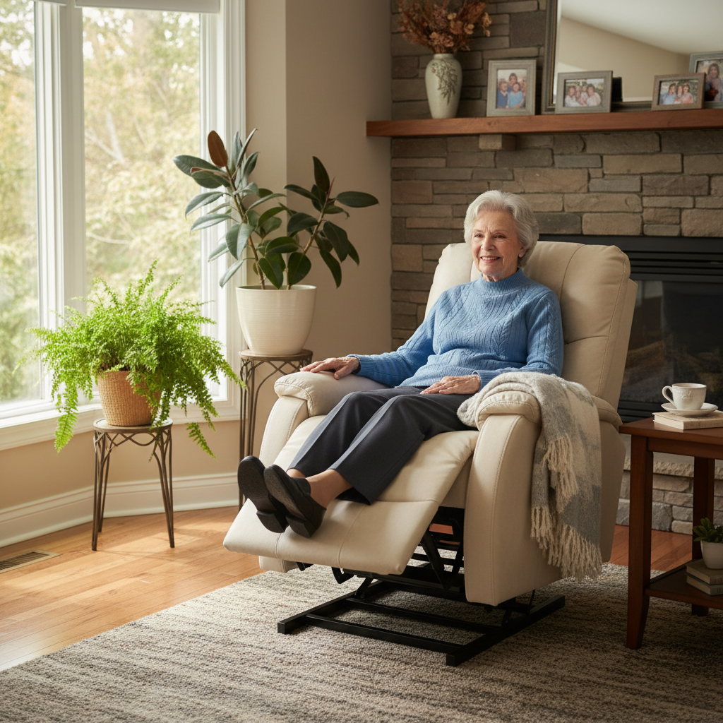 Senior comfortably seated in a power lift chair recliner in a warm Canadian home living room