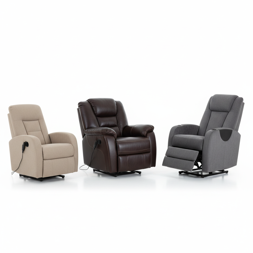 Three types of power lift chairs side by side showing 2-position, 3-position, and infinite-position models