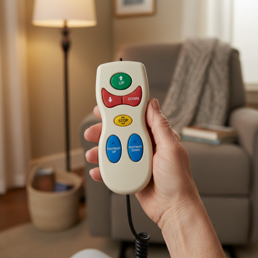 Close-up of a power lift chair remote control with large buttons held by elderly hands with arthritis