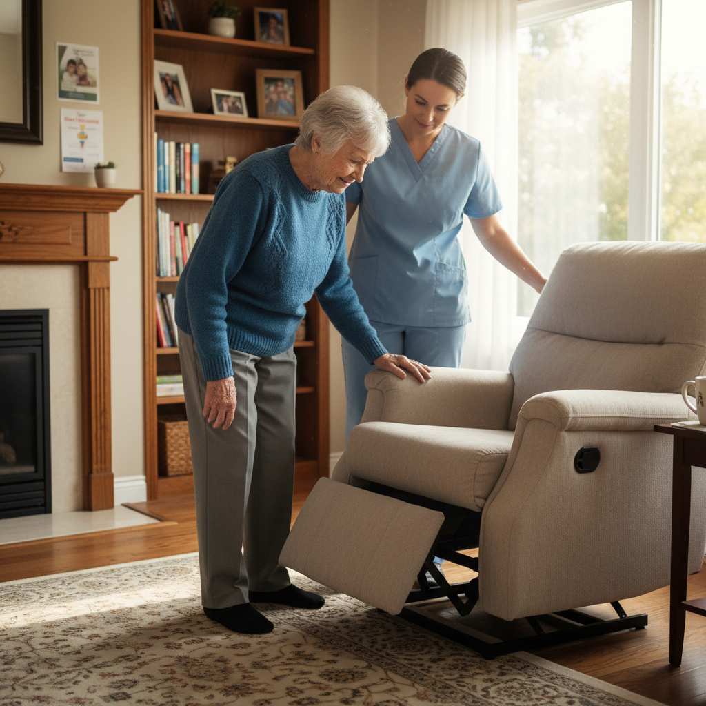 Elderly person with arthritis using a power lift recliner to stand safely in a home setting