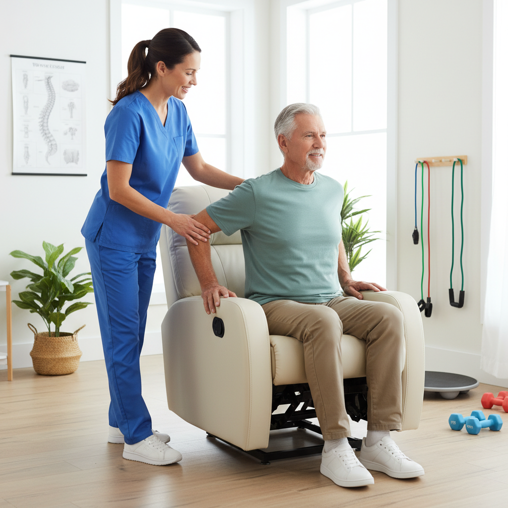 Physical therapist demonstrating proper seating posture to a senior patient in a therapeutic lift recliner