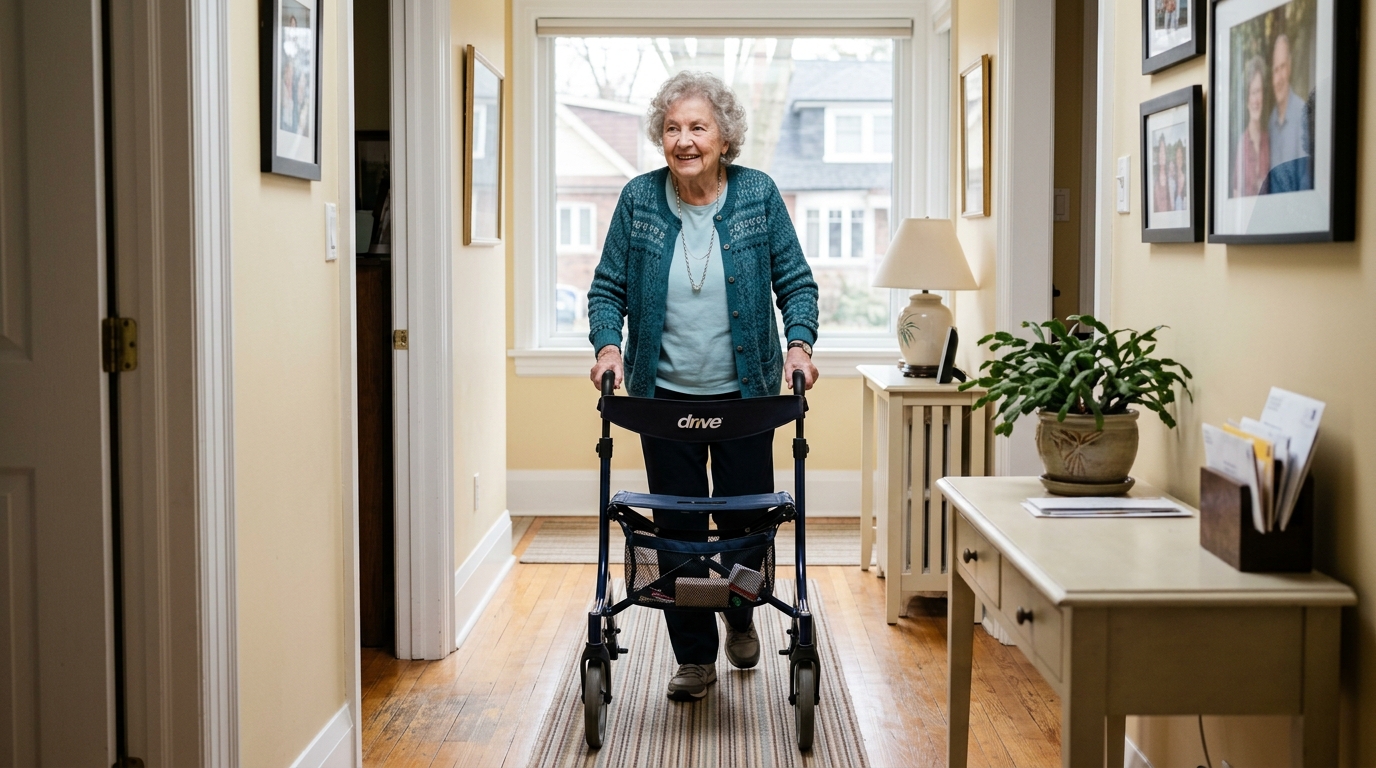 Elderly woman using a rollator walker in a bright Toronto home hallway showing mobility aid in use