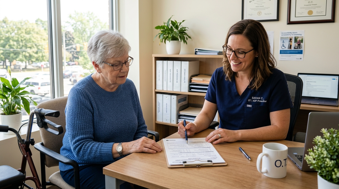 Healthcare professional reviewing Ontario ADP assistive devices program application with senior patient in clinic