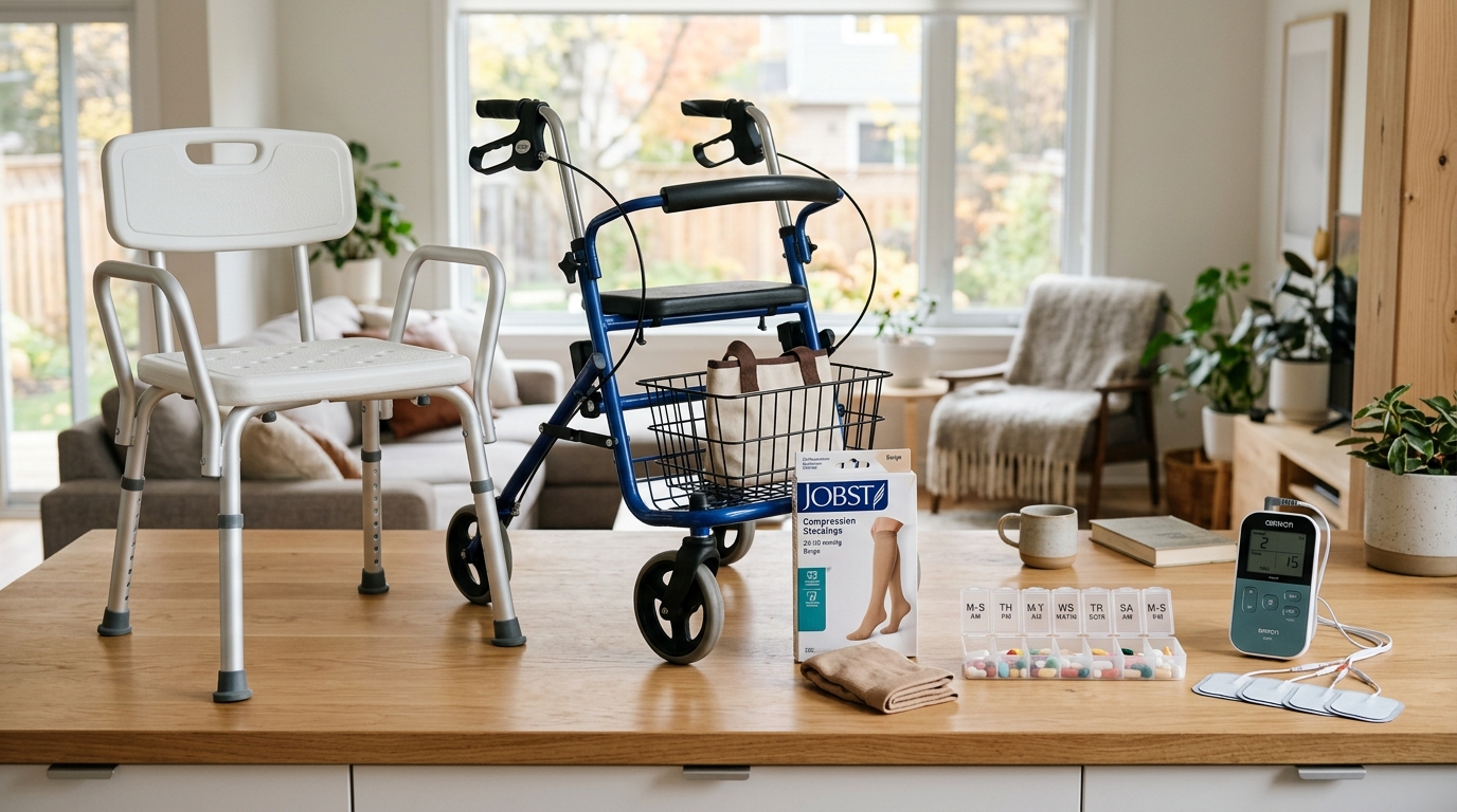 Essential home medical supplies for Canadian seniors including shower chair, walker, compression stockings, and TENS unit