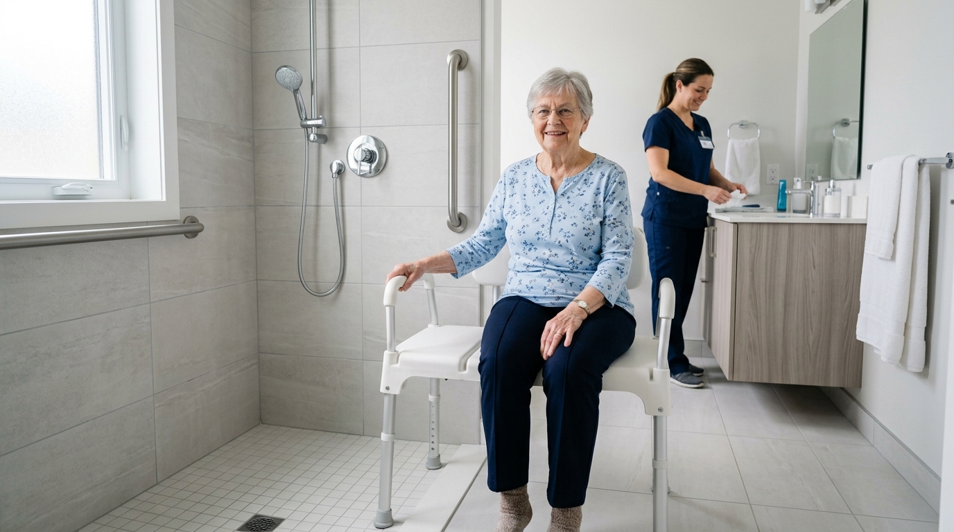 Senior woman sitting safely on a shower transfer bench in a Canadian bathroom with grab bars — bathroom safety medical supplies