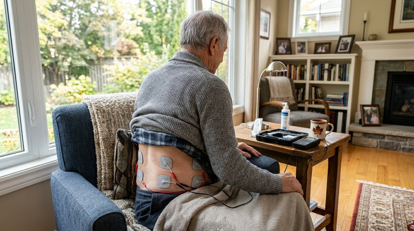 Senior man using a TENS electrotherapy unit for home pain management in a Canadian living room