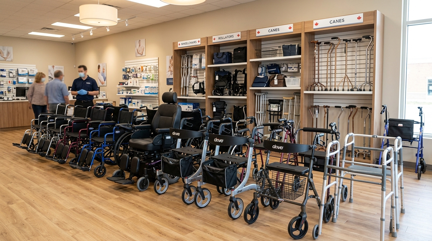 Home medical equipment display showing wheelchairs, walkers, and mobility aids at a Canadian medical supply store