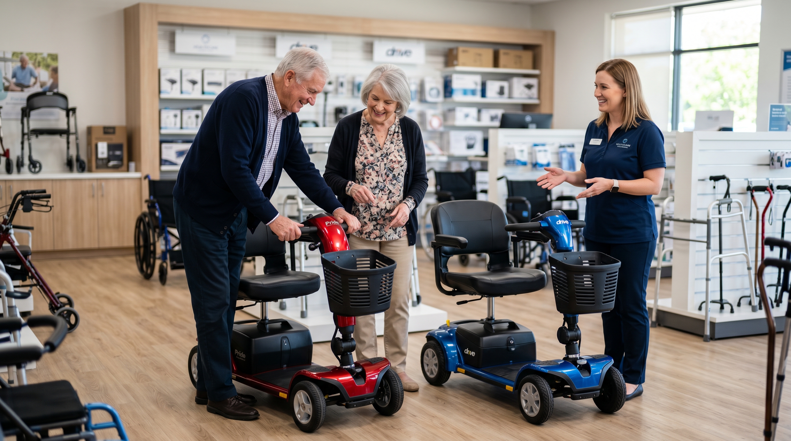 Elderly couple comparing mobility scooter models at a medical equipment showroom in Toronto