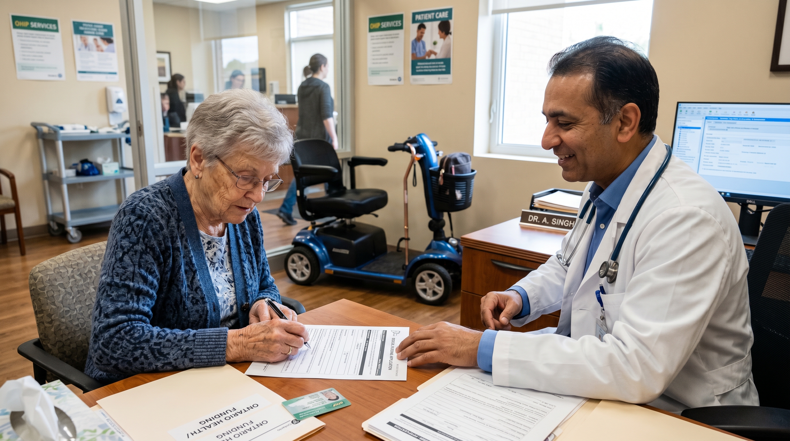 Senior woman completing Ontario ADP funding application with healthcare professional assistance