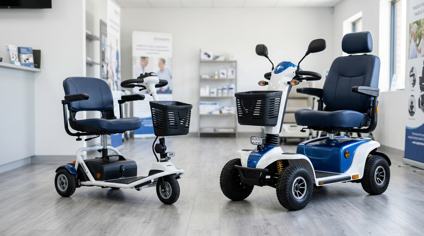 3-wheel and 4-wheel mobility scooters displayed side by side in a professional showroom