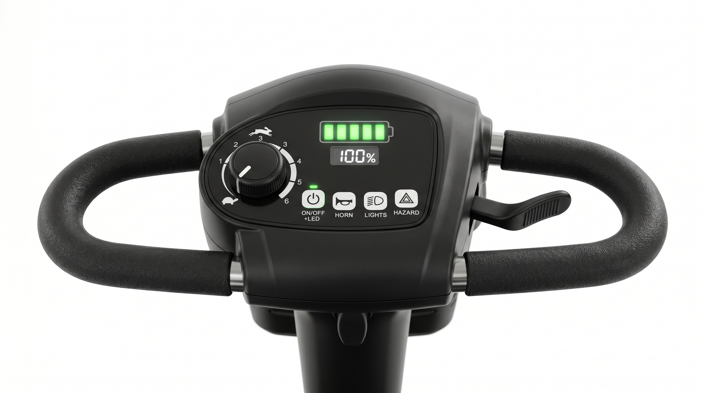Close-up of mobility scooter tiller controls showing speed dial and battery charge indicator
