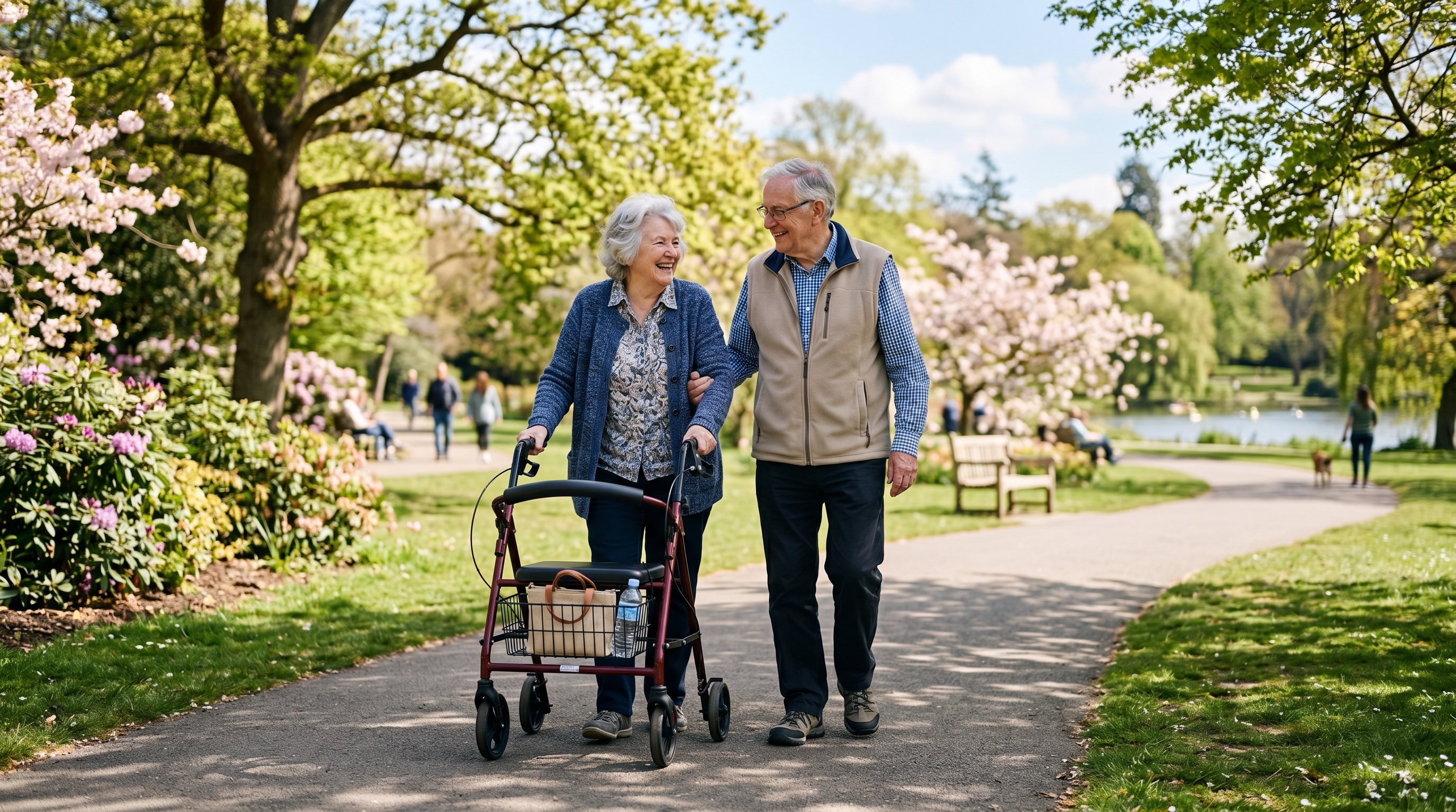 Elderly couple walking together outdoors using a rollator walker in a sunny park