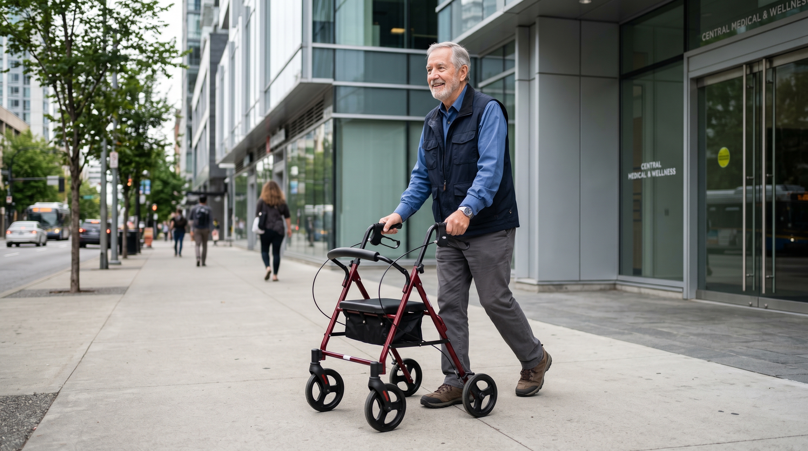 Senior man independently using a four-wheeled rollator walker on a city sidewalk