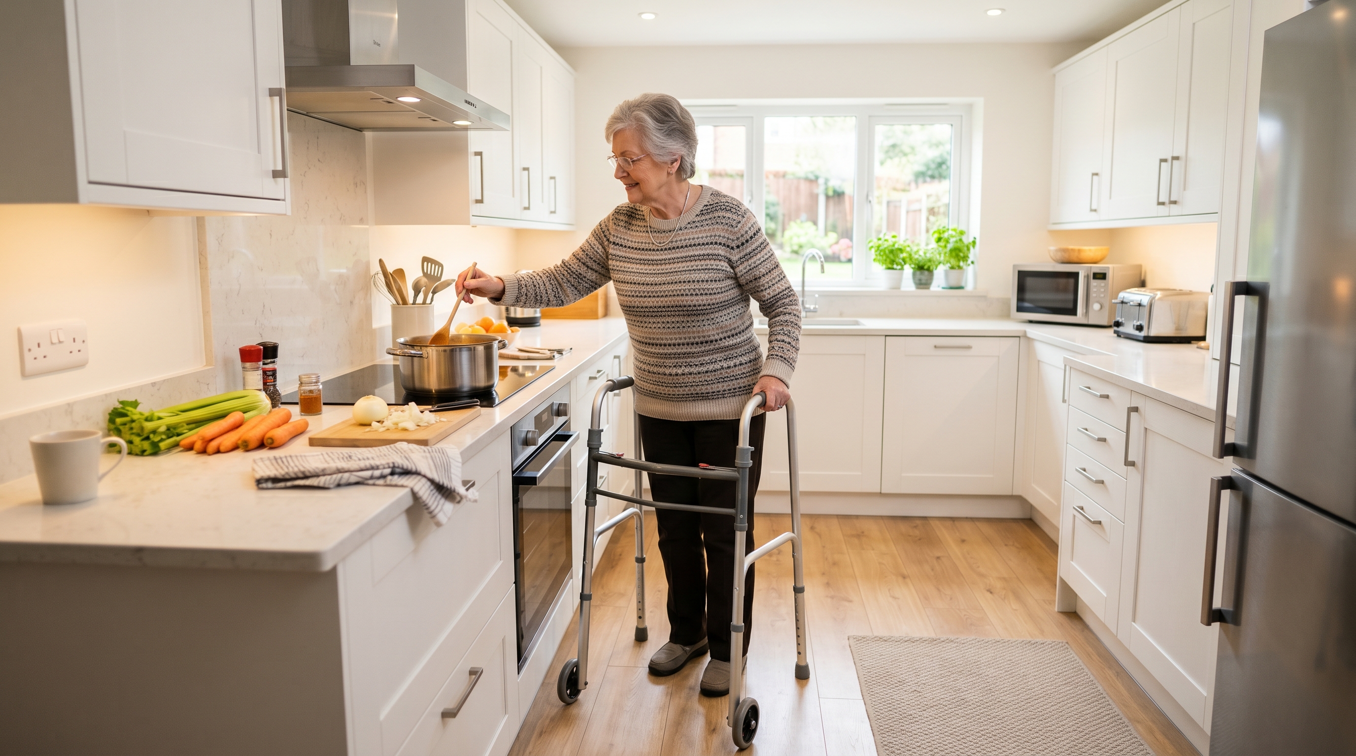 Senior woman using a walker while cooking independently in a modern kitchen