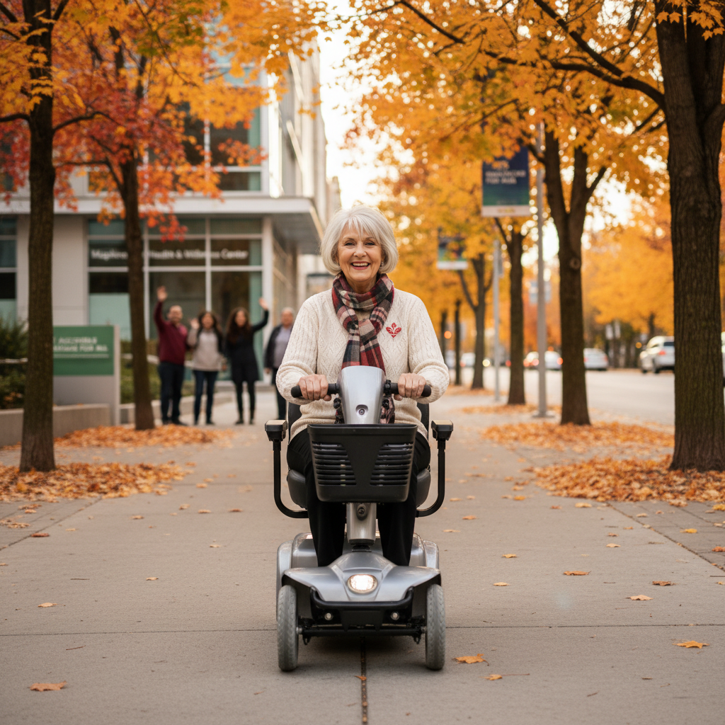 Senior woman riding a motorized mobility scooter outdoors in Canada on a sunny day
