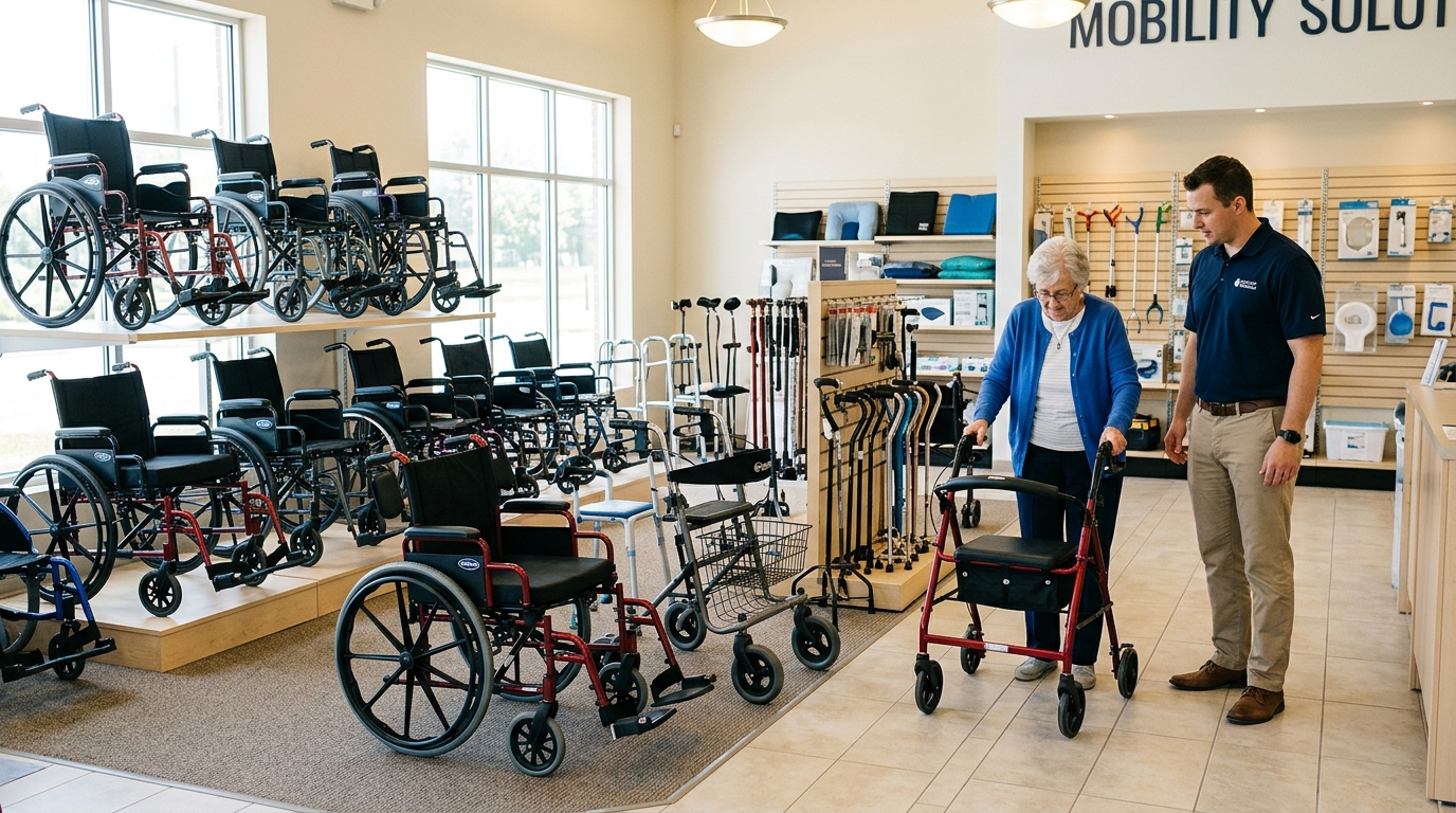 Ontario medical supply showroom with wheelchairs, walkers, and mobility aids on display for Canadian seniors