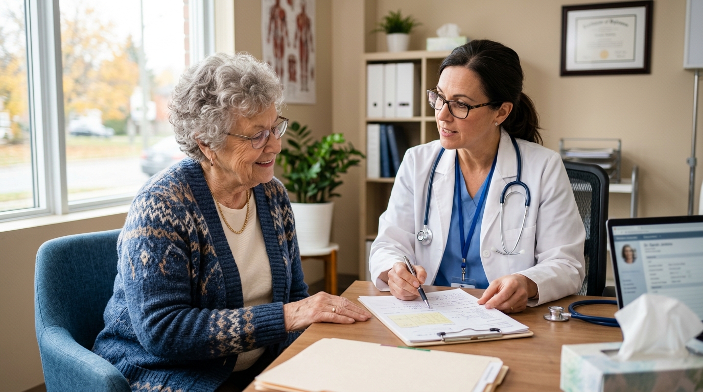 Ontario senior receiving ADP funding consultation from healthcare professional for medical equipment