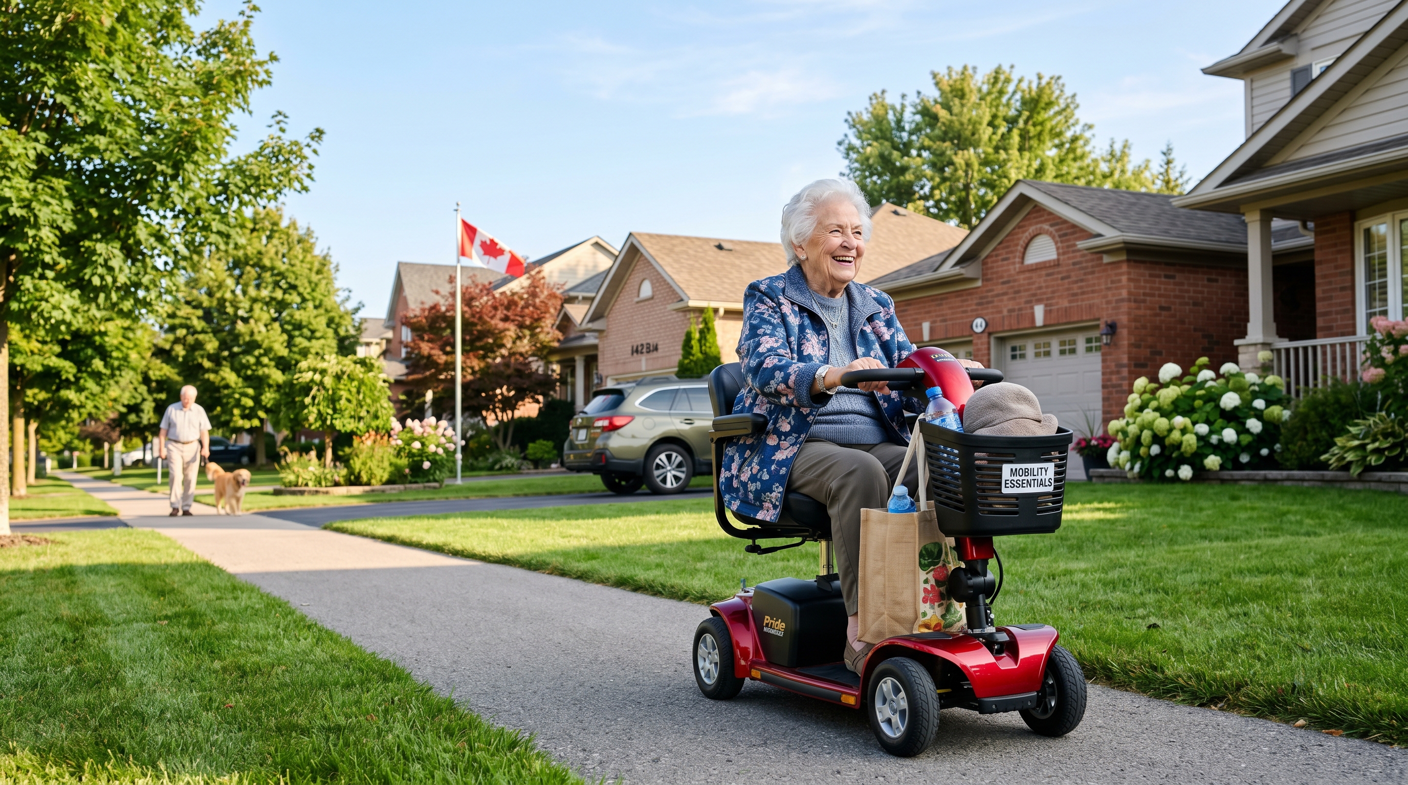 Ontario senior using a mobility scooter outdoors in a sunny suburban Canadian neighbourhood