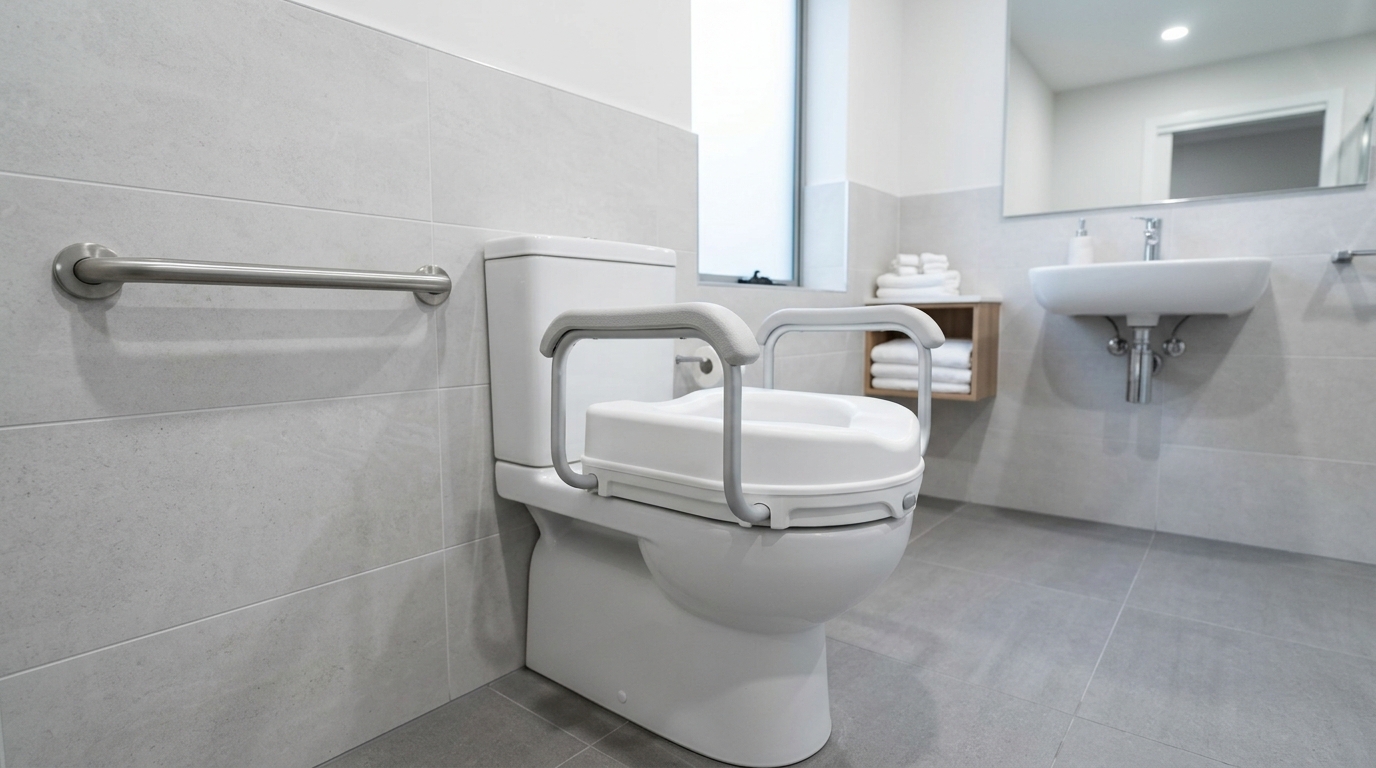 Senior safely using a raised toilet seat with armrests in a clean accessible bathroom
