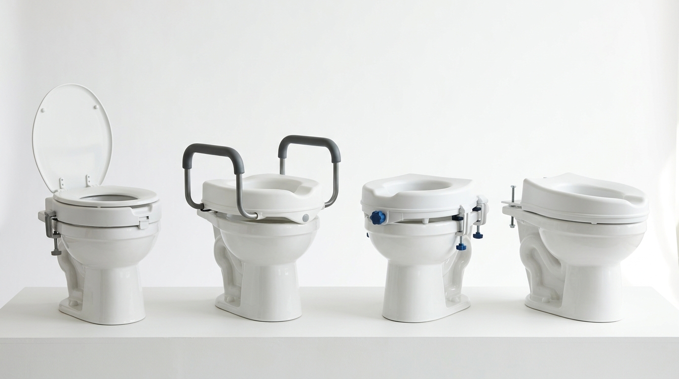 Four types of raised toilet seats side by side including hinged, padded, and clamp-on models for seniors