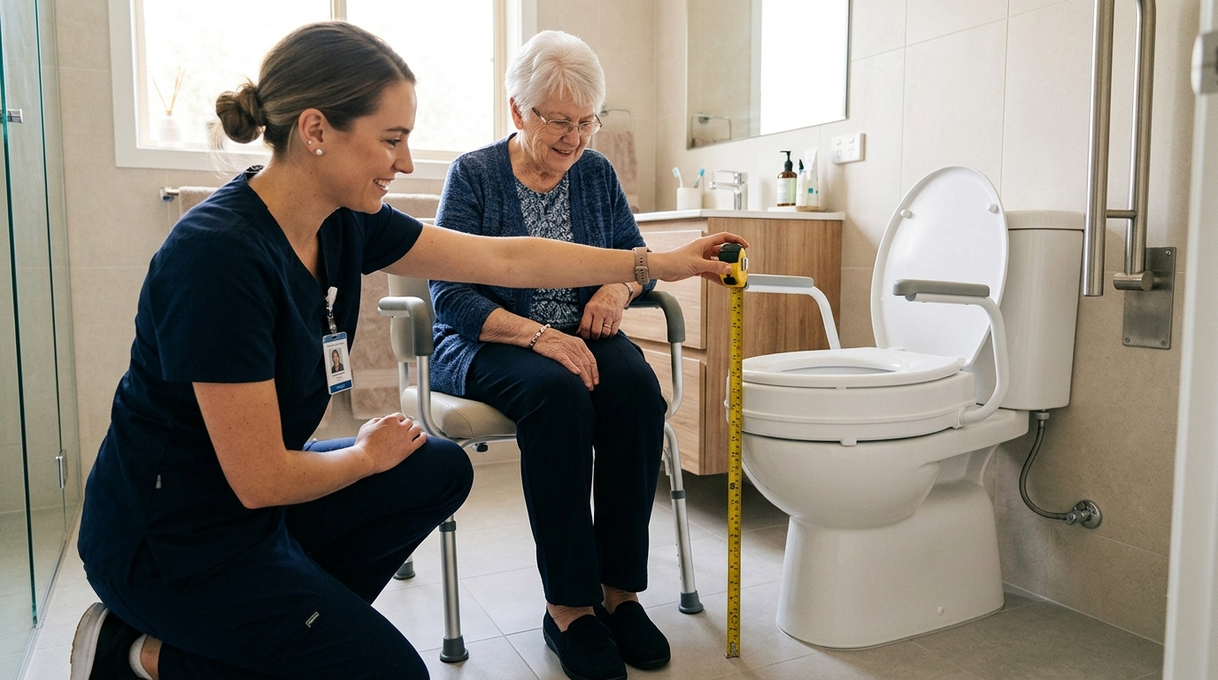 Occupational therapist measuring toilet seat height for a senior patient in an accessible bathroom