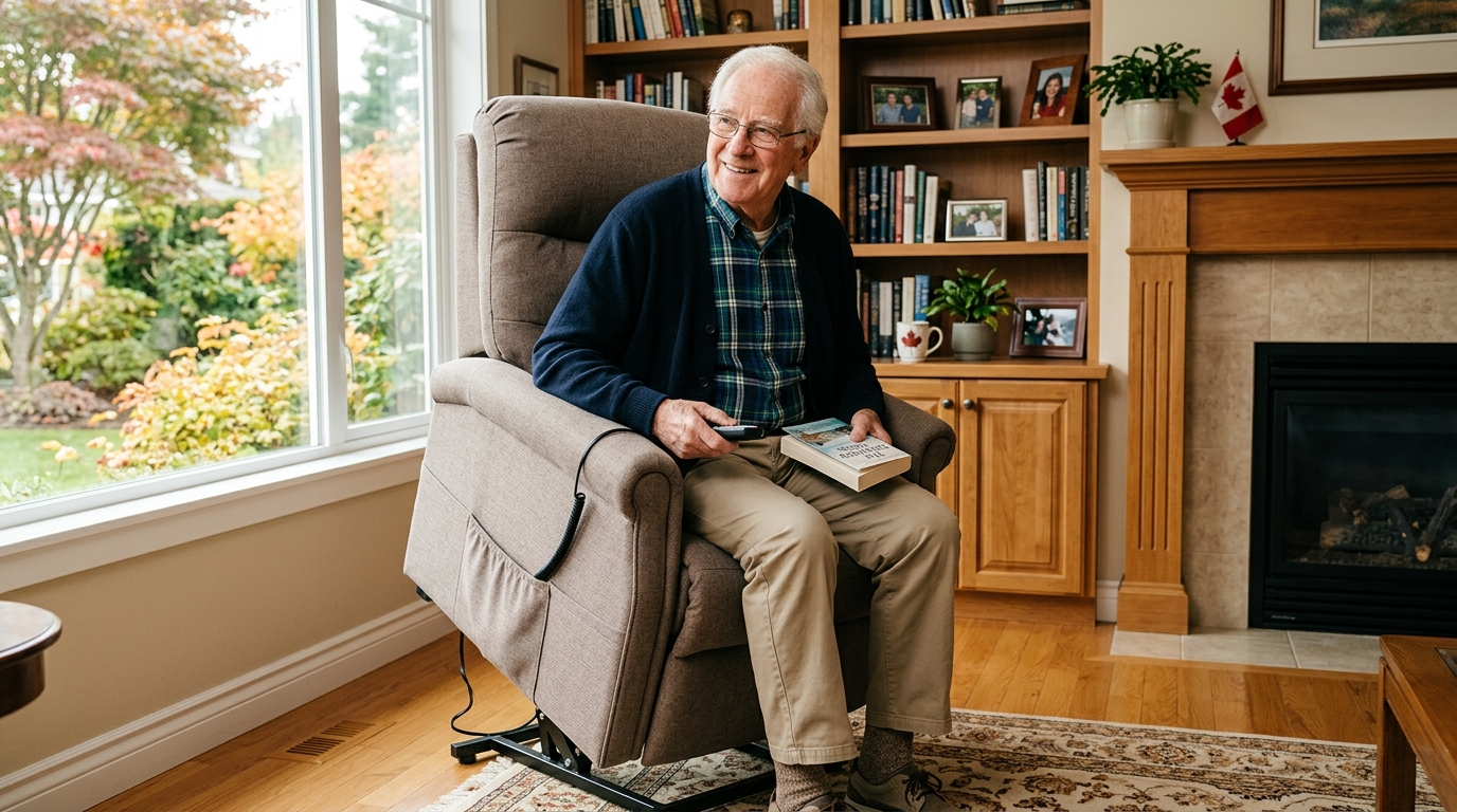 Senior comfortably seated in a power lift chair recliner in a bright Canadian living room