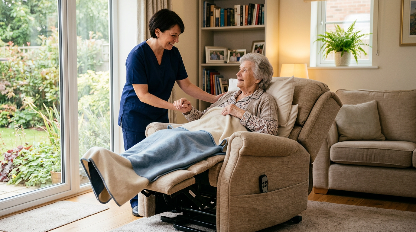 Senior woman with caregiver getting comfortable in a power lift chair recliner at home