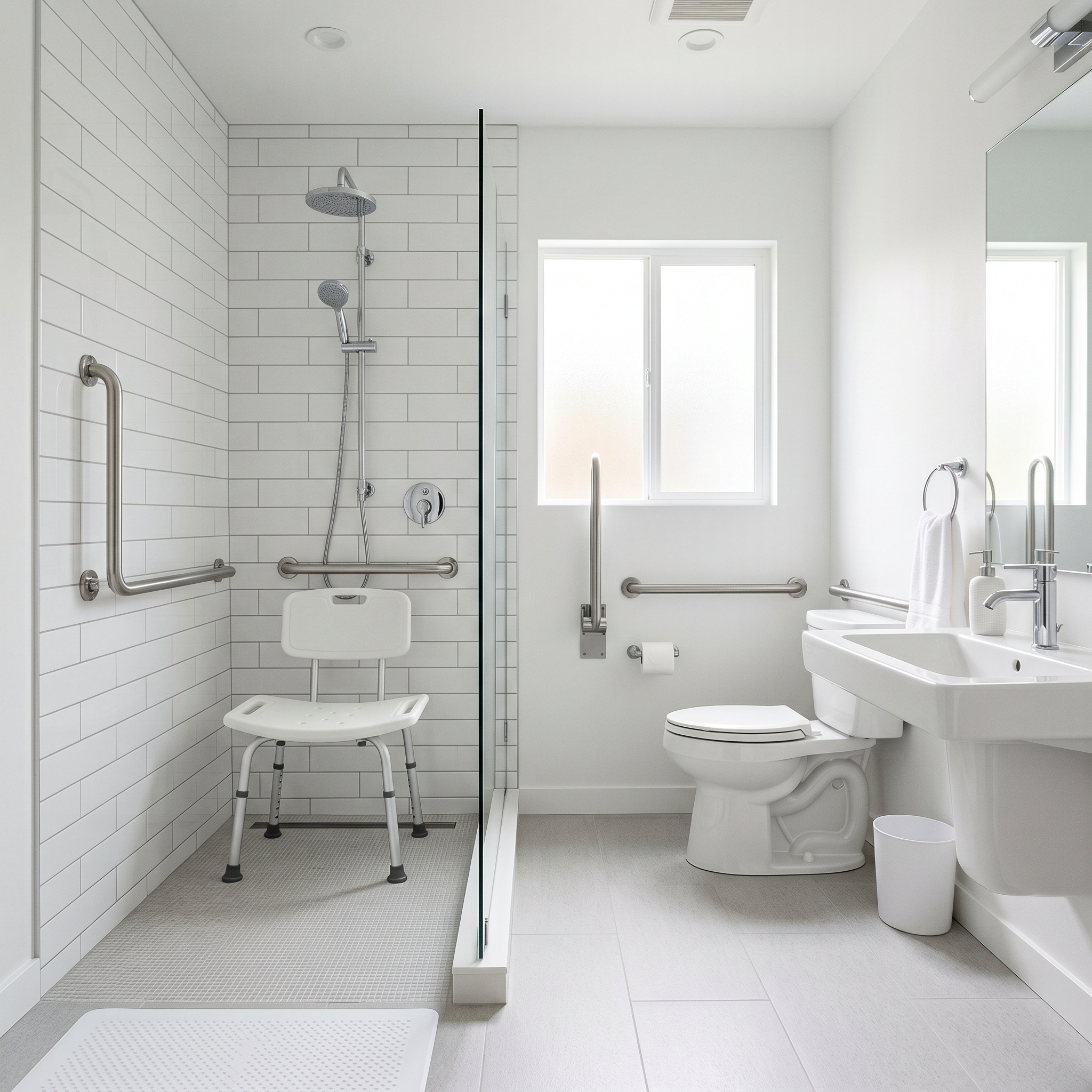 Accessible bathroom equipped with grab bars, shower chair, and non-slip mat for senior fall prevention