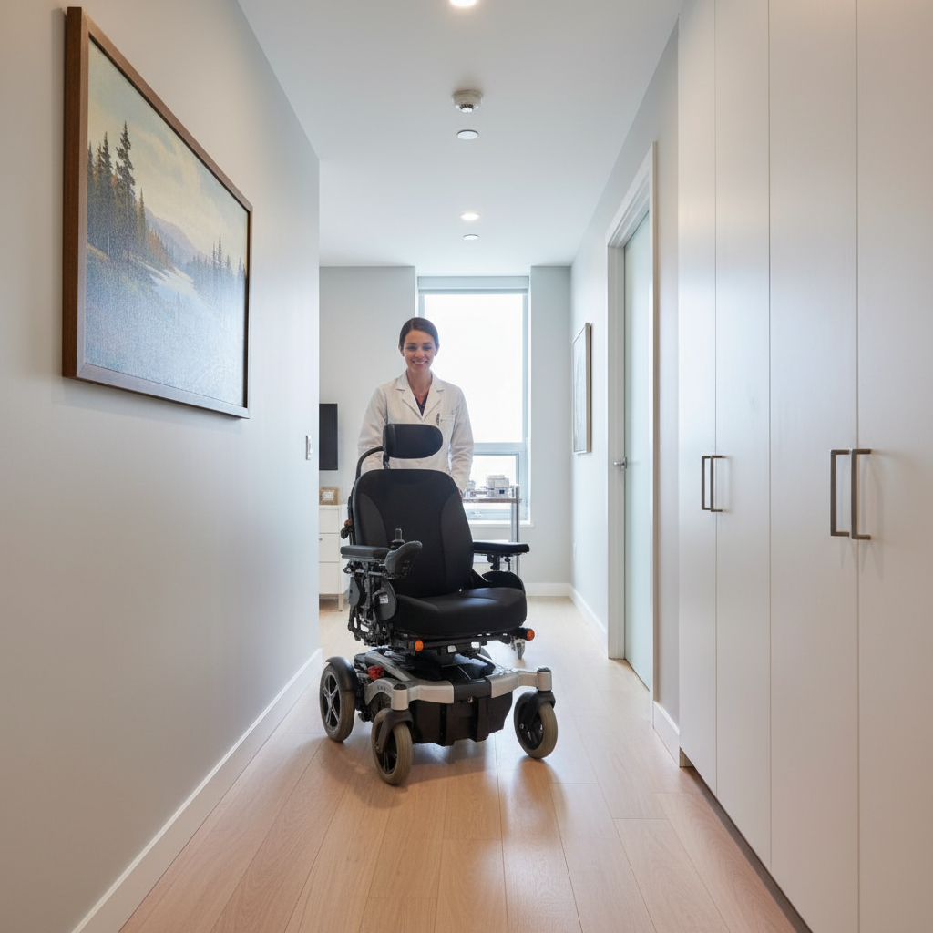 Compact electric wheelchair navigating a narrow indoor hallway of a Canadian apartment