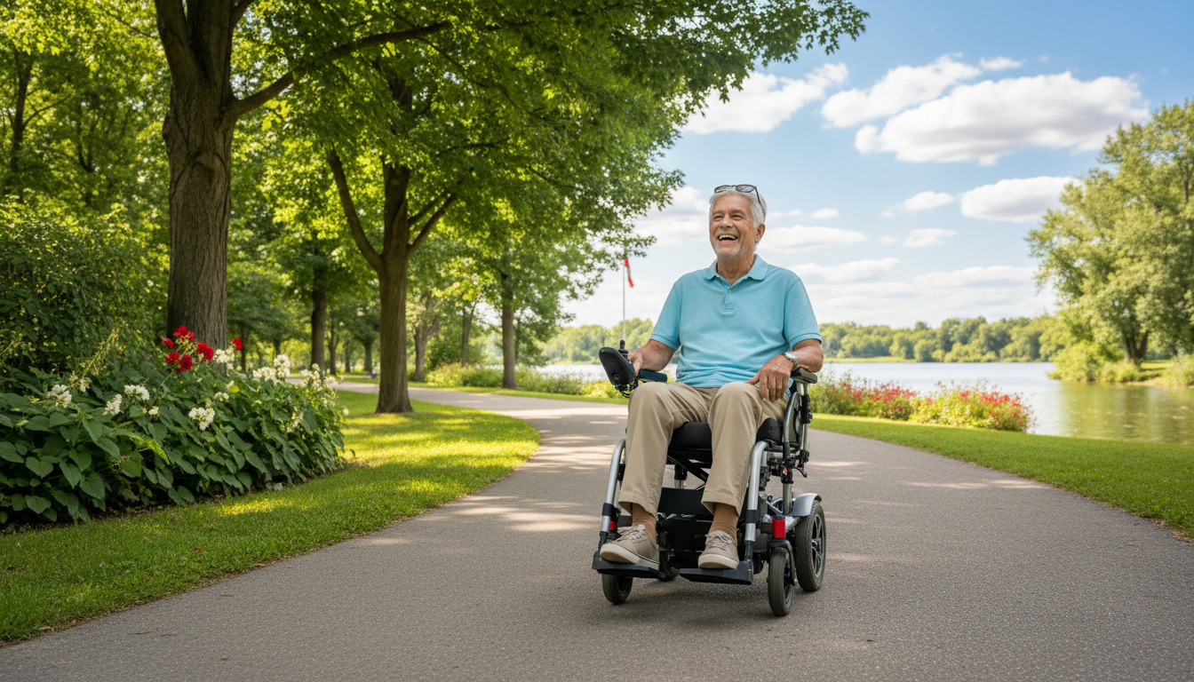 Senior person using a foldable compact electric wheelchair outdoors on a paved Canadian park pathway