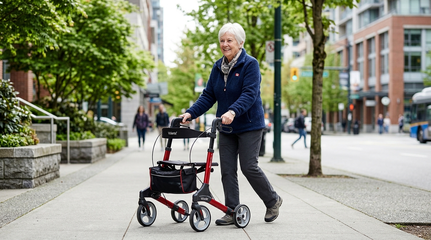 Senior woman walking outdoors with a lightweight rollator walker on a Canadian city sidewalk
