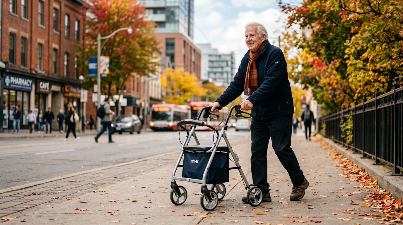 Elderly senior man using an aluminum rollator walker outdoors with proper upright posture on a Canadian sidewalk